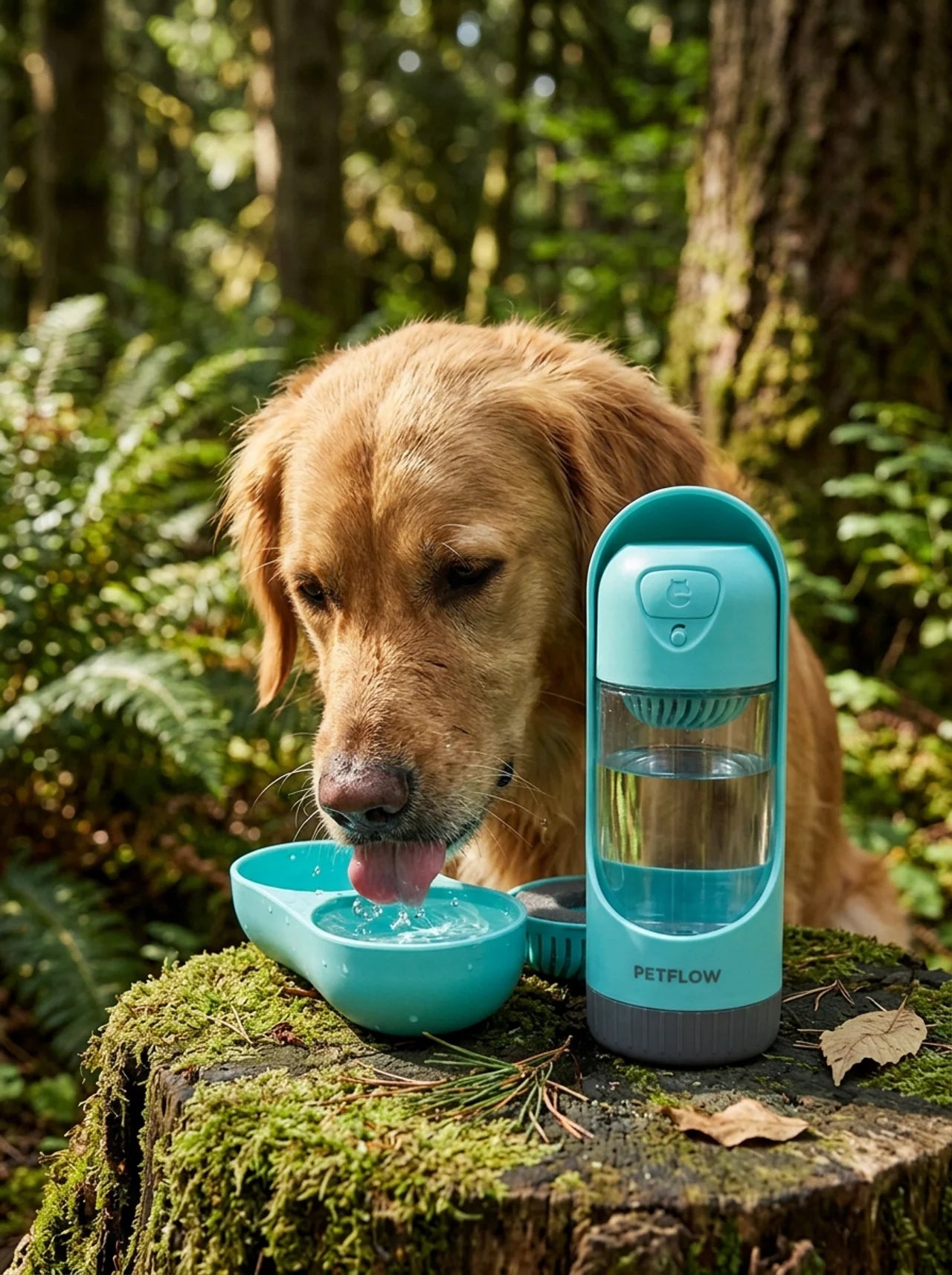 Dog drinking filtered water from the Aethal portable pet water bottle outdoors